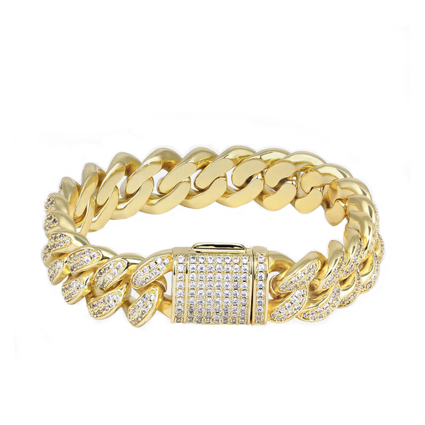 Iced Out 12mm Gold 2 Rows Cuban Link Bracelet