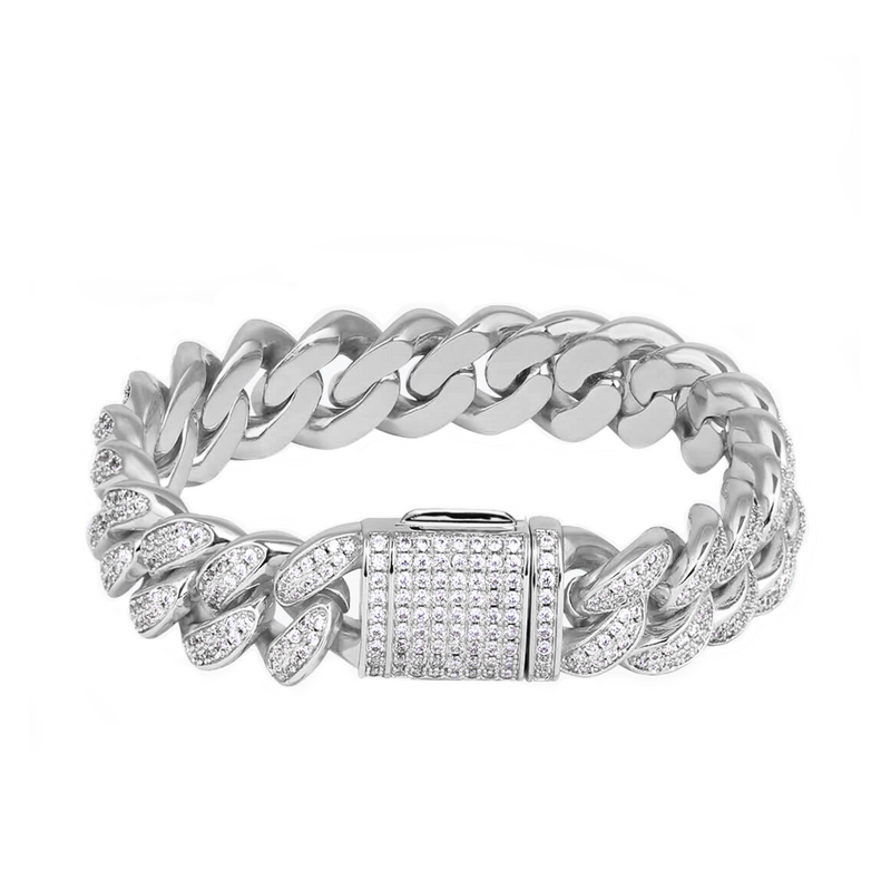 12mm White Gold 2 Rows Cuban Link Bracelet Iced Out