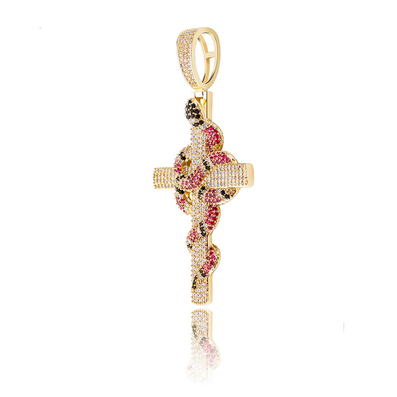Iced Out Gold Snake Cross Pendant