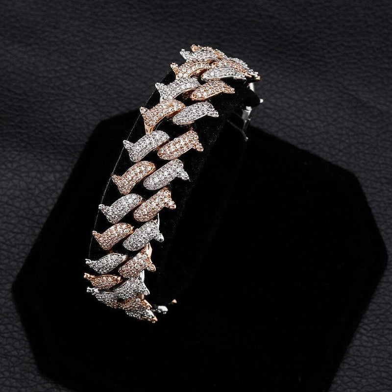 14mm Iced Out Two Tone Spike Cuban Link Bracelet - 4