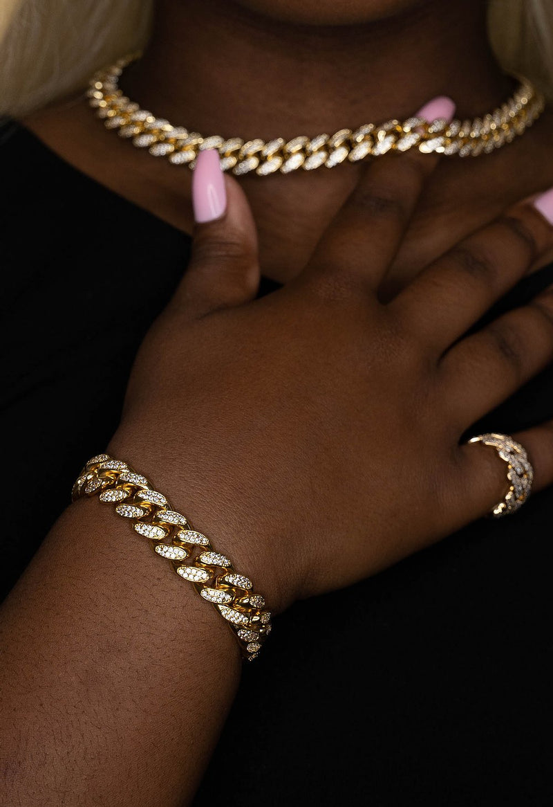 12mm Gold 2 Rows Cuban Link Bracelet Iced Out