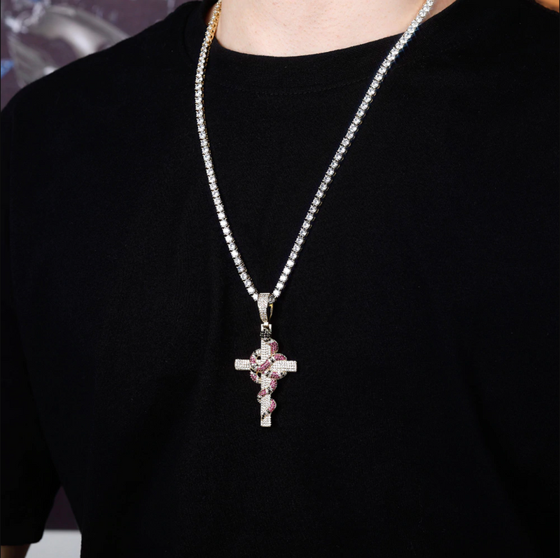 Iced Out Gold Snake Cross Pendant
