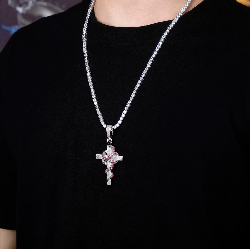 White Gold Snake Cross Pendant Iced Out