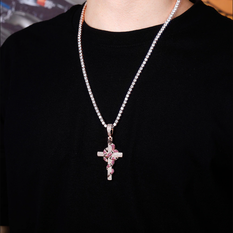 Rose Gold Snake Cross Pendant Iced Out