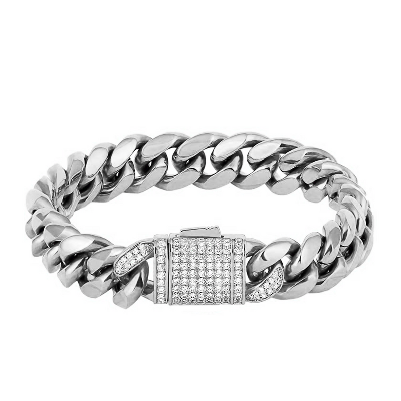 12mm Iced Out White Gold Clasp Cuban Link Bracelet