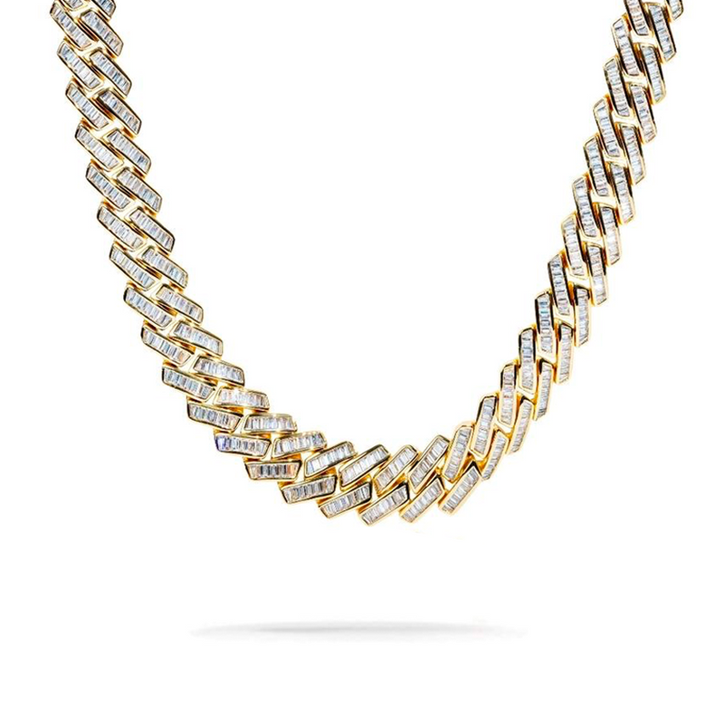 14 mm Iced Out Gold Baguette Cuban link prong Chain