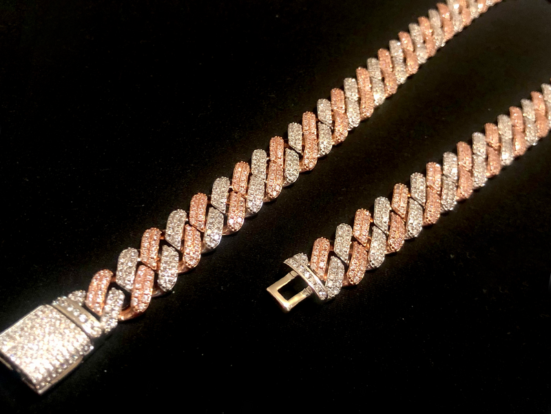 Iced Two-Tone Diamond Prong Cuban Link Bracelet 14mm