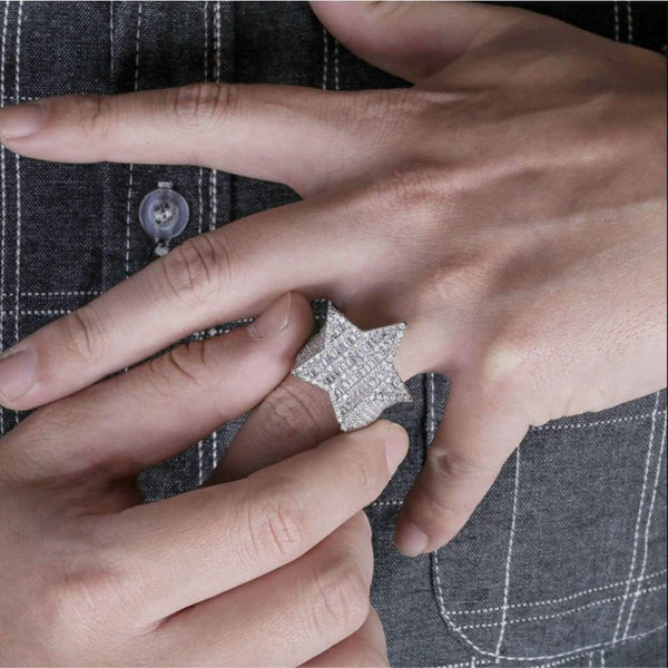 Iced Out Silver Baguette Star Ring