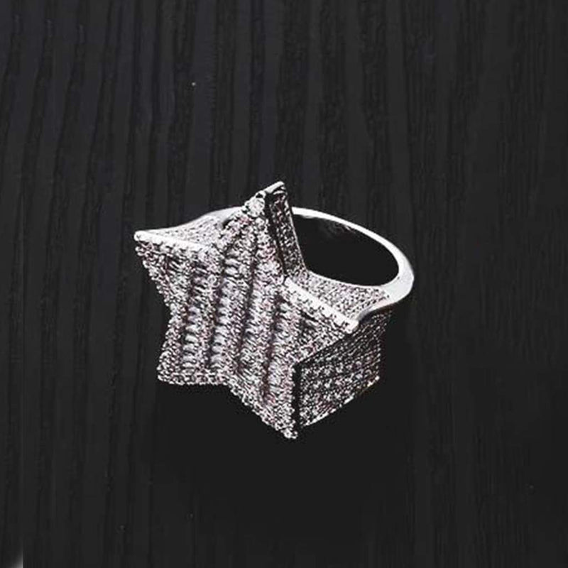 Iced Out Silver Baguette Star Ring