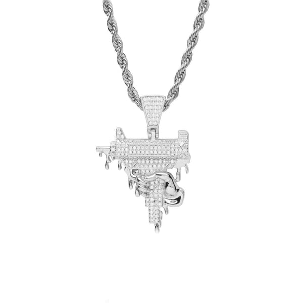 Iced Out White Gold Dripping Uzi Pendant - 1