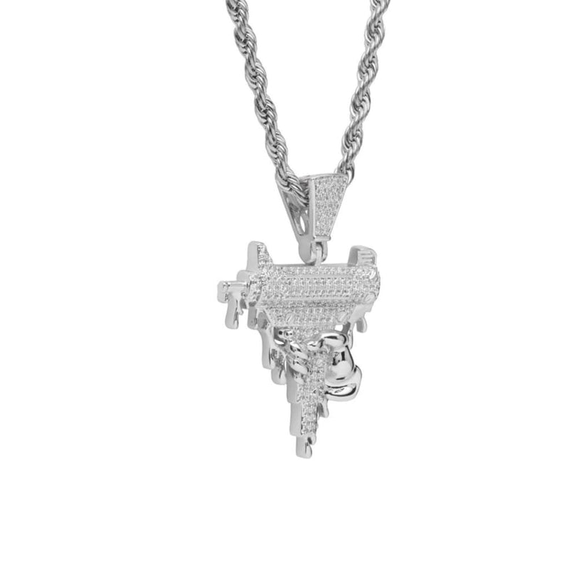 Iced Out White Gold Dripping Uzi Pendant - 3