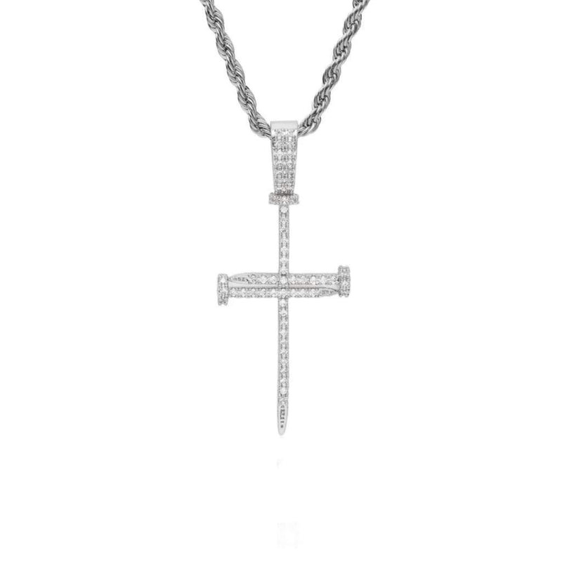 Iced Out Silver Nail Cross Pendant - 1