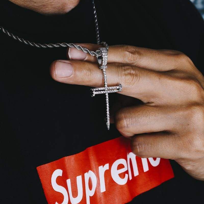 Iced Out Silver Nail Cross Pendant