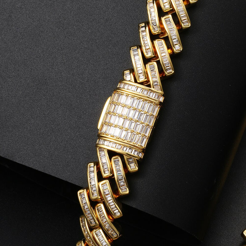 Iced Out Gold Baguette Cuban link prong Chain 14mm