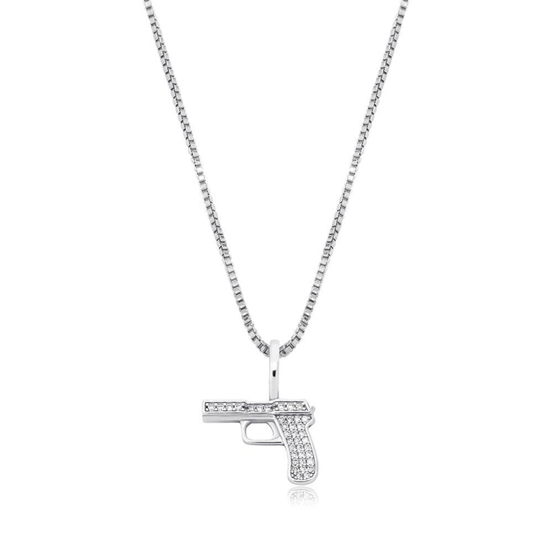 White Gold Cubic Gun Pendant Iced Out