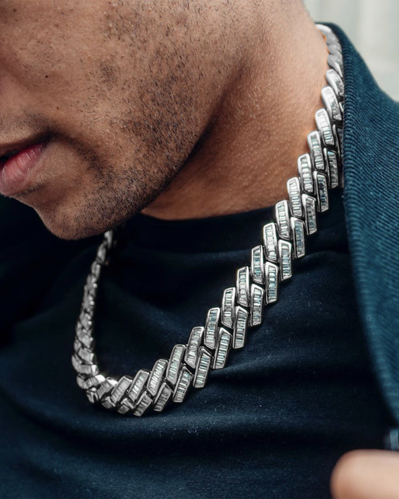 14 mm Iced Out White Gold Baguette Cuban link prong Chain